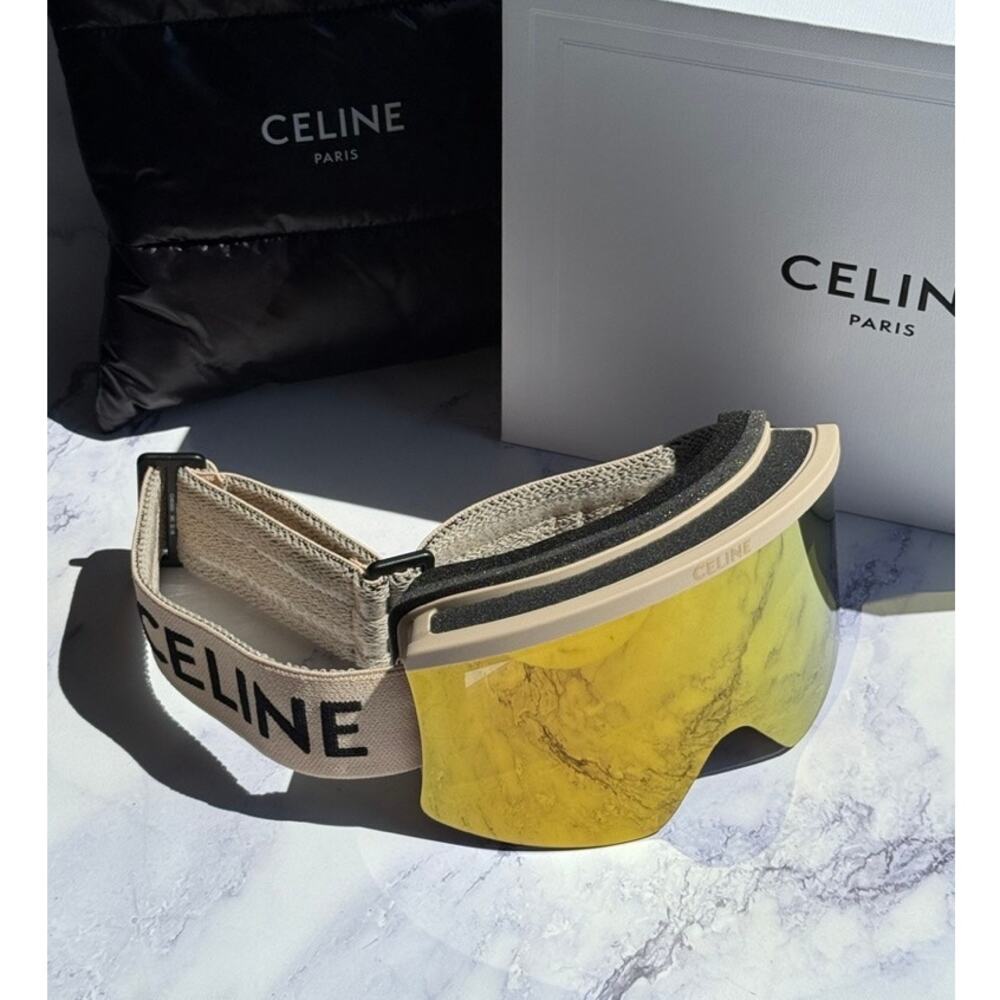 NEW Celine CL40302U Beige Gold Logo Mirrored Ski Goggles - Picture 2 of 5